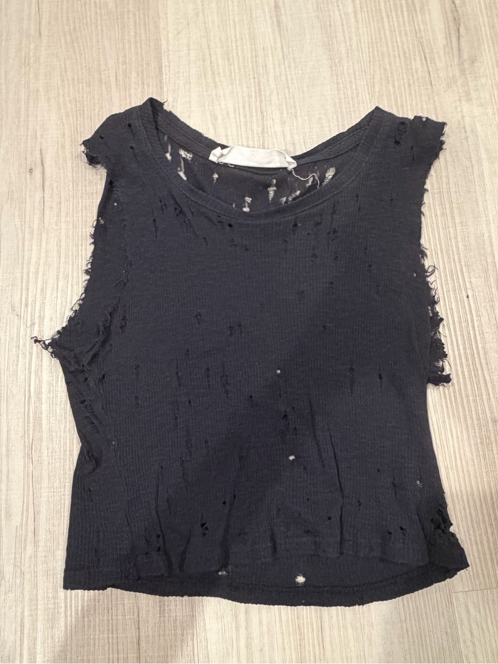 Black Distressed Ribbed Sleeveless Tank Top